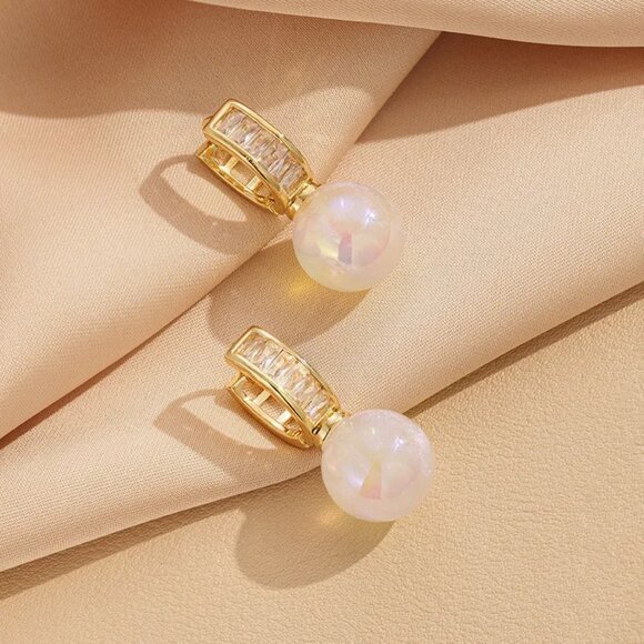 3/$35 Gold Tone Copper Pearl Drop Huggie Earrings CZCubic Zirconia Accents - Picture 8 of 9